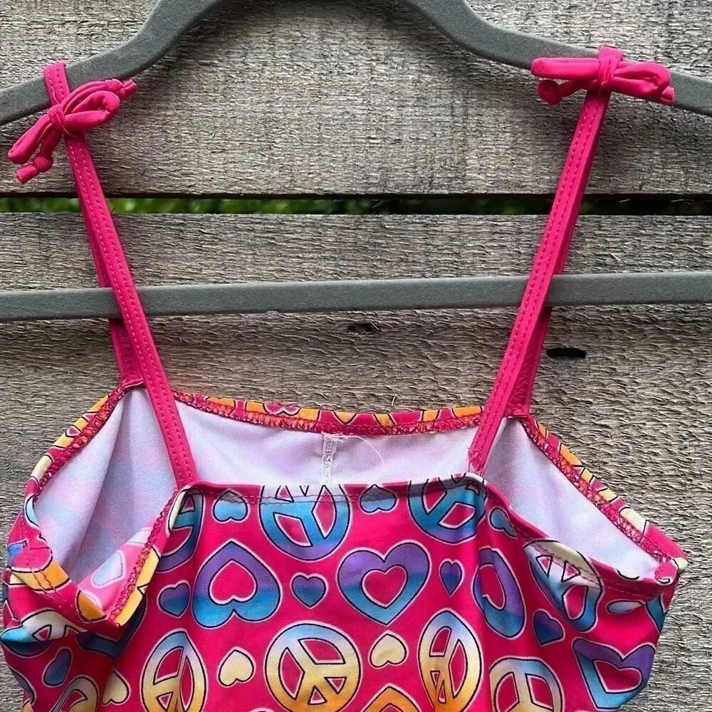Kid's Multicolor Peace Heart Allover Print Sleeveless Swimwear Size 10/12